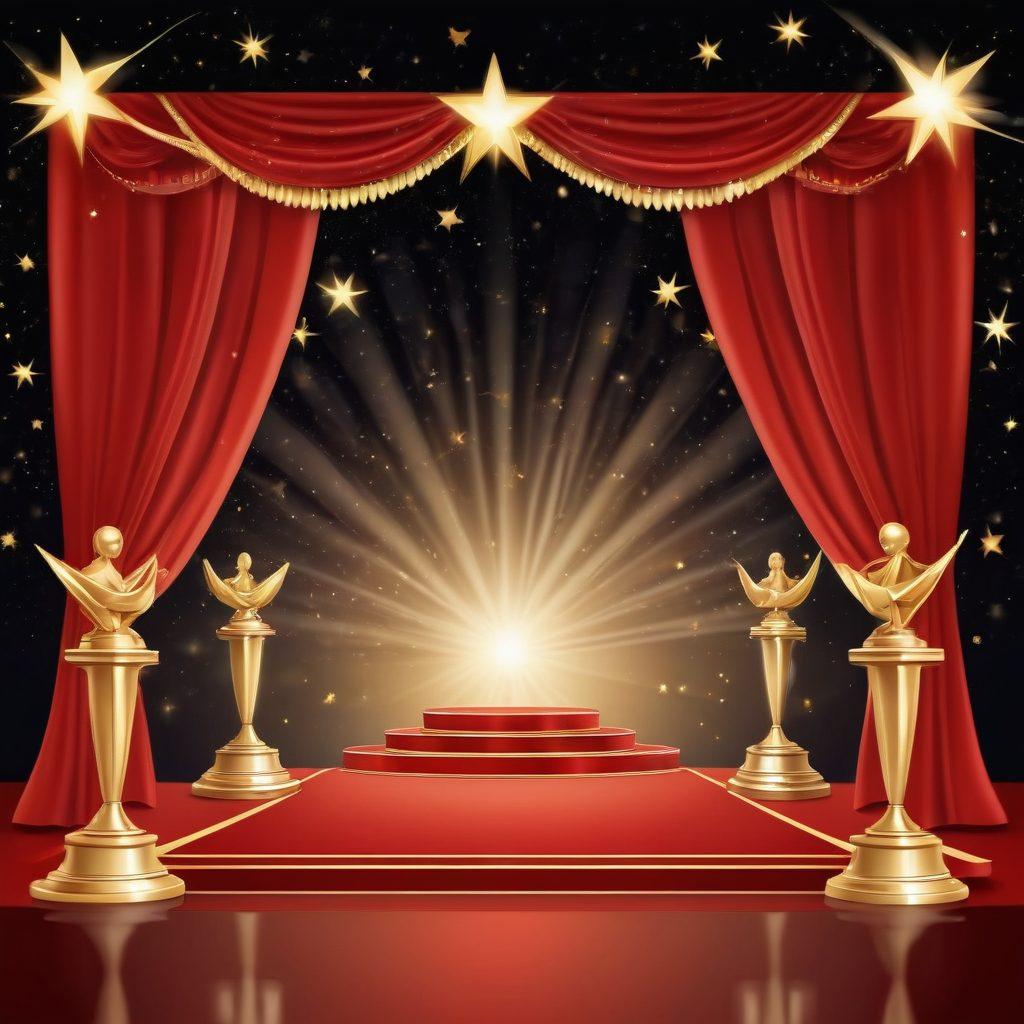 A glamorous awards ceremony stage, set against a starry night sky, with spotlights illuminating the area. Award winners dressed in elegant attire, holding trophies and smiling, with a red carpet leading up to the stage. A backdrop featuring gold curtains and elegant decorations. Vector art. Vibrant colors. White background.