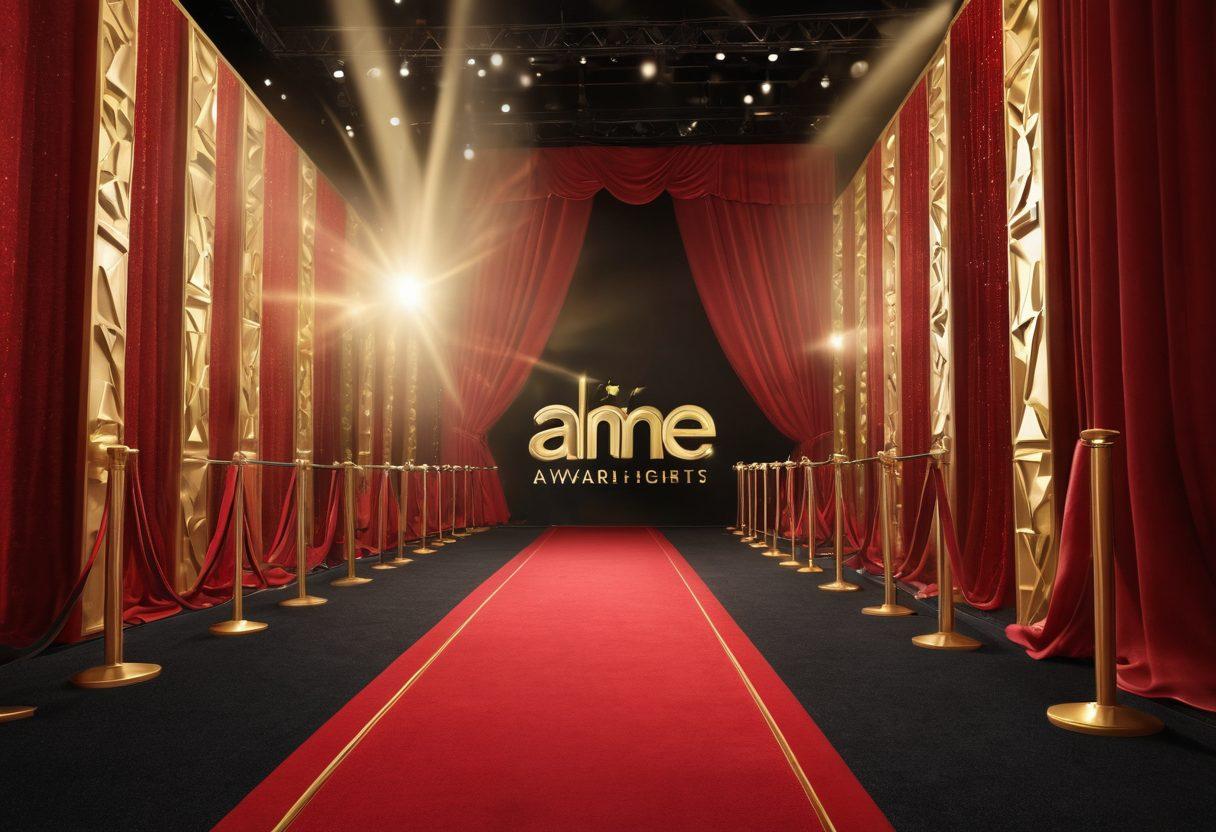 An elegant red carpet event with celebrities in dazzling attire, photographers capturing moments, and golden spotlights enhancing the glamour. A prominent backdrop displays the Fame Awards logo, with a luxurious ambiance. super-realistic. vibrant colors. 3D.