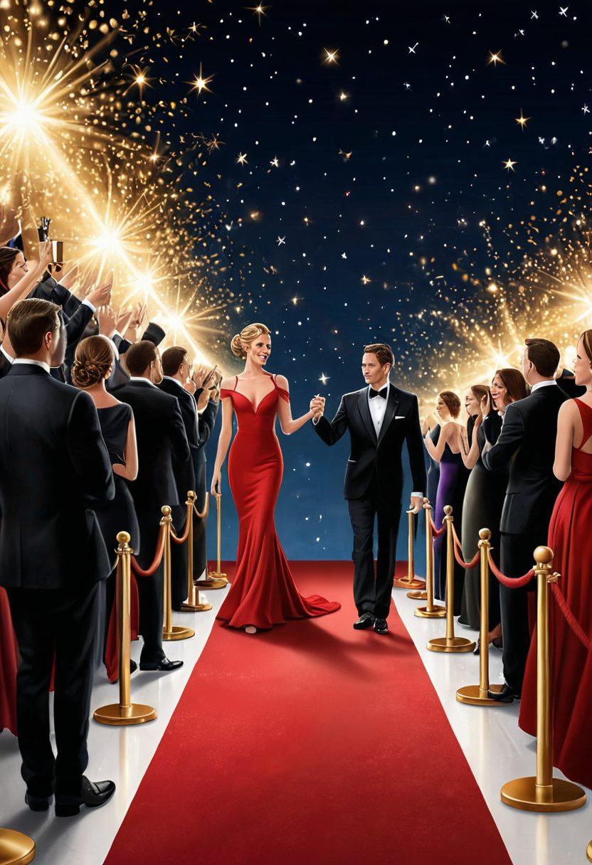 A glamorous red carpet event with dazzling celebrities in elegant evening gowns and tuxedos, under a sky filled with golden starry lights. Glittering award trophies being handed out on a grand stage, with an enthusiastic crowd applauding. Capturing the essence of celebration and excellence. super-realistic. vibrant colors. white background.